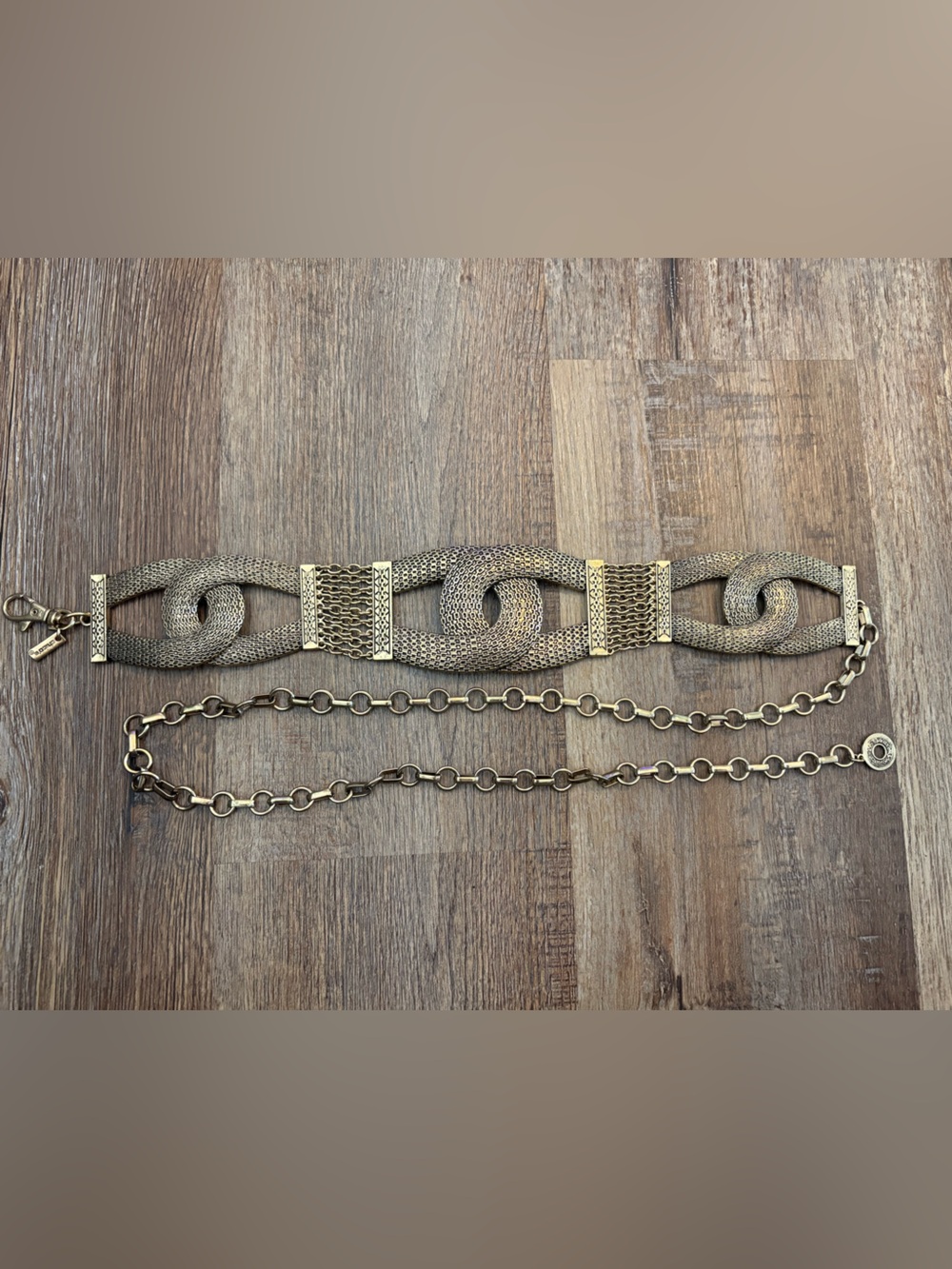Vingold-tone statement belt featuring textured interlocking links and a chain